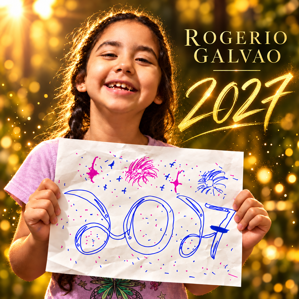 Capa de 2027, de Rogerio Galvao: menina sorrindo com um desenho de 2027 em um cenário dourado