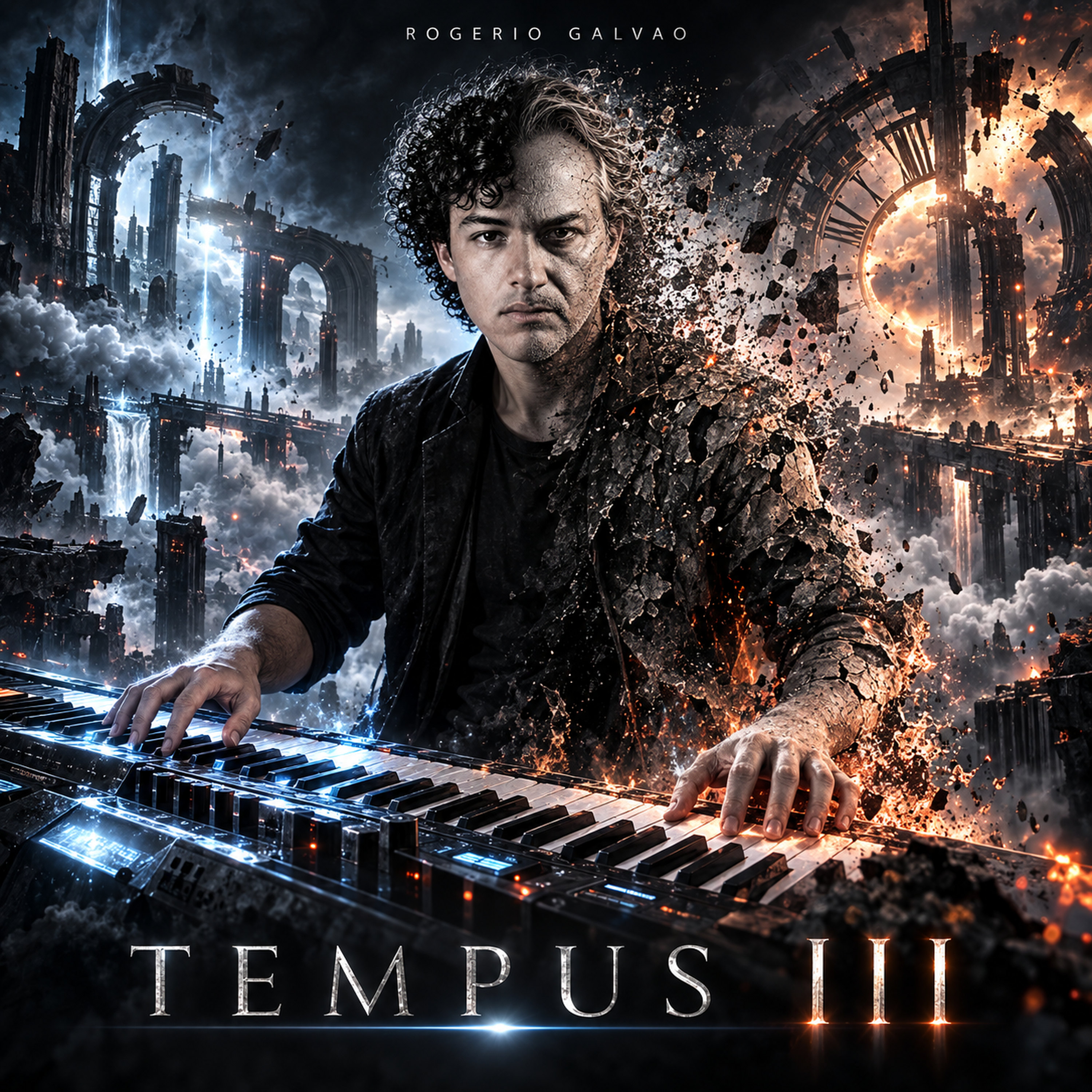Capa de Tempus III: Rogerio Galvao ao teclado em um cenário futurista em destruição